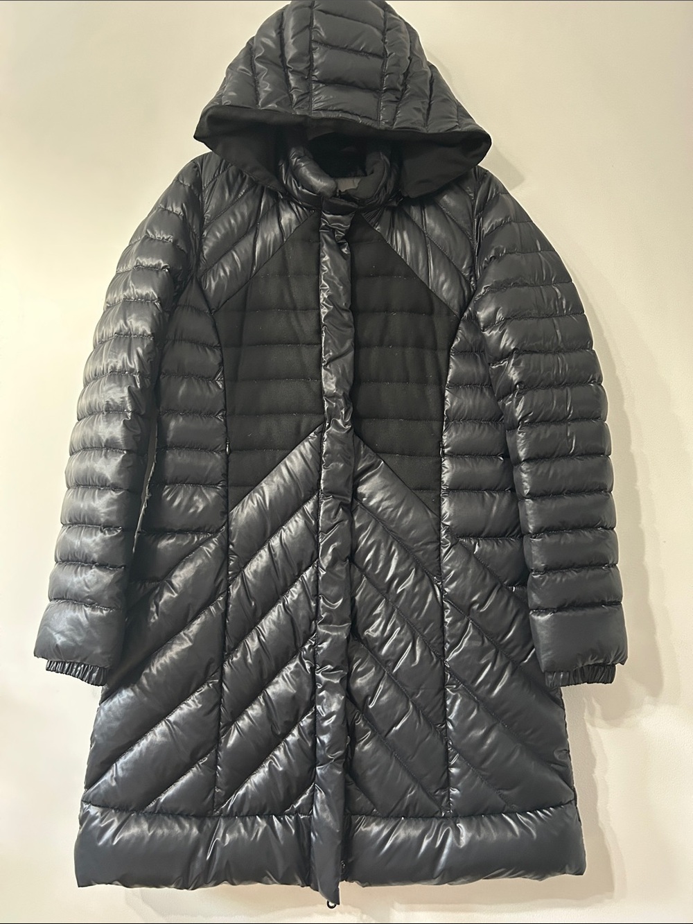 Duvetica Coat Women's 48 Black Long Quilted Goose Down Wool Lined Removable Hood